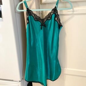90s Emerald Green Mini Chemise Slip Sexy Black Lace Detailing